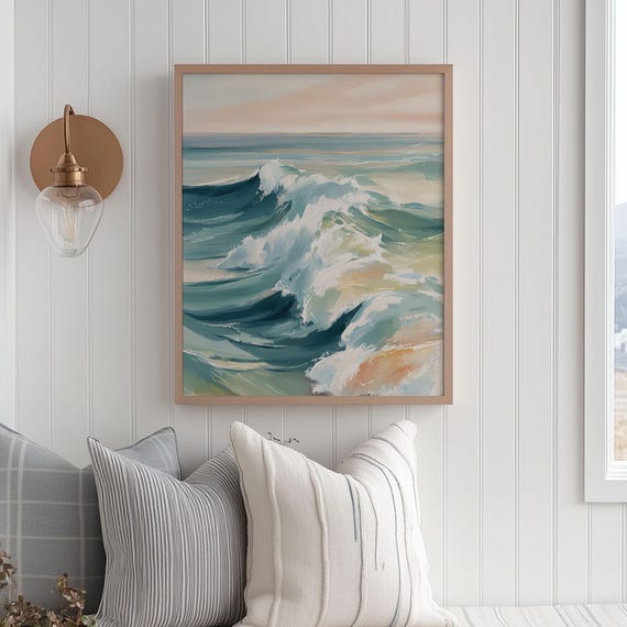Abstract Coastal Seascape Art Print, Teal Ocean Waves