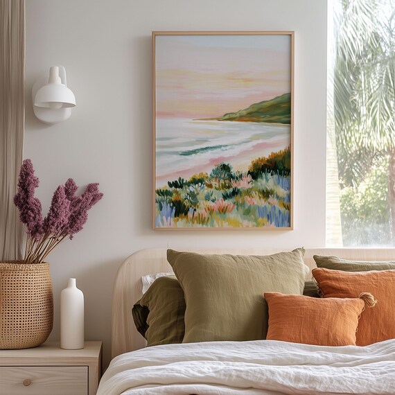 Pastel Coastal Seascape Wildflowers Peaceful Ocean Landscape Art Poster