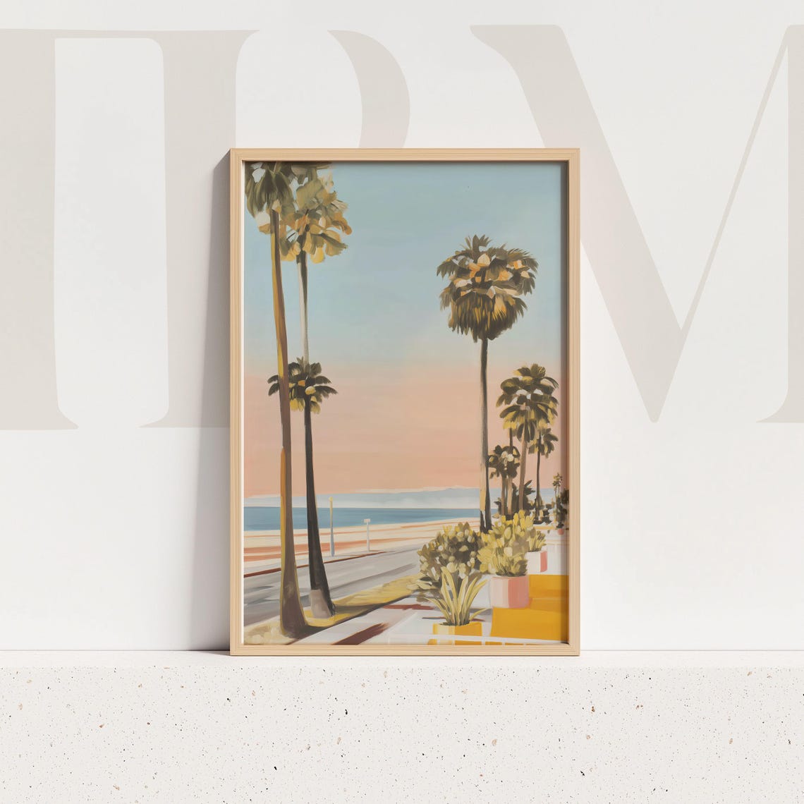 Pastel Beach Sunset Palm Trees Ocean Boardwalk Coastal Art Poster