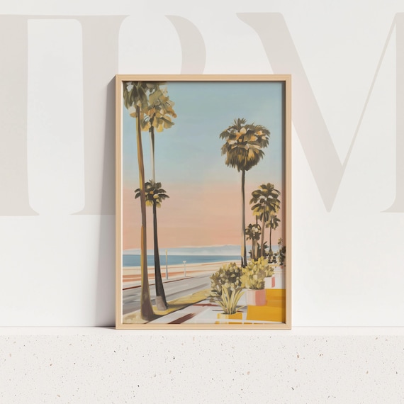 Pastel Beach Sunset Palm Trees Ocean Boardwalk Coastal Art Poster