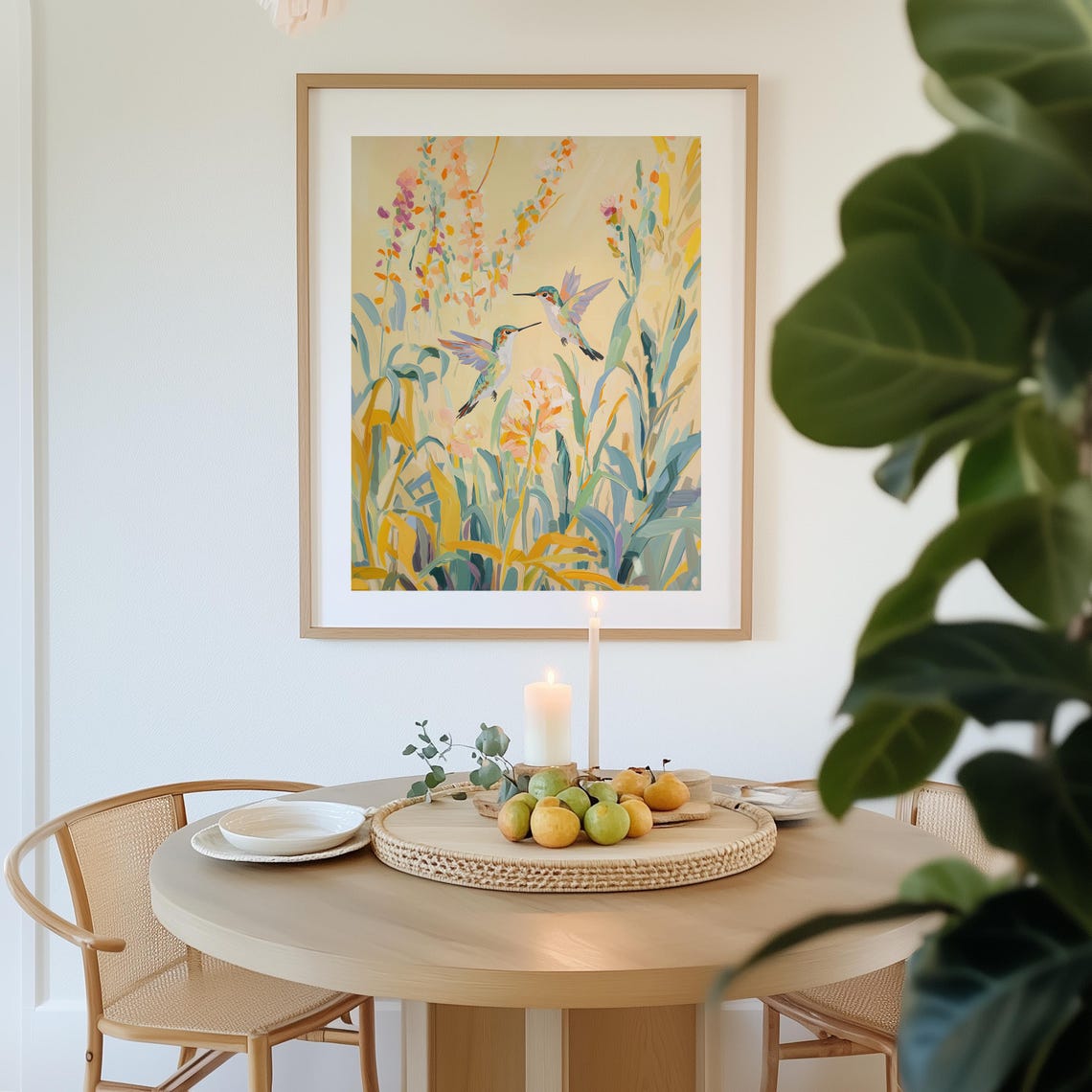 Two Hummingbirds among Wildflowers Painterly Nature Art Poster