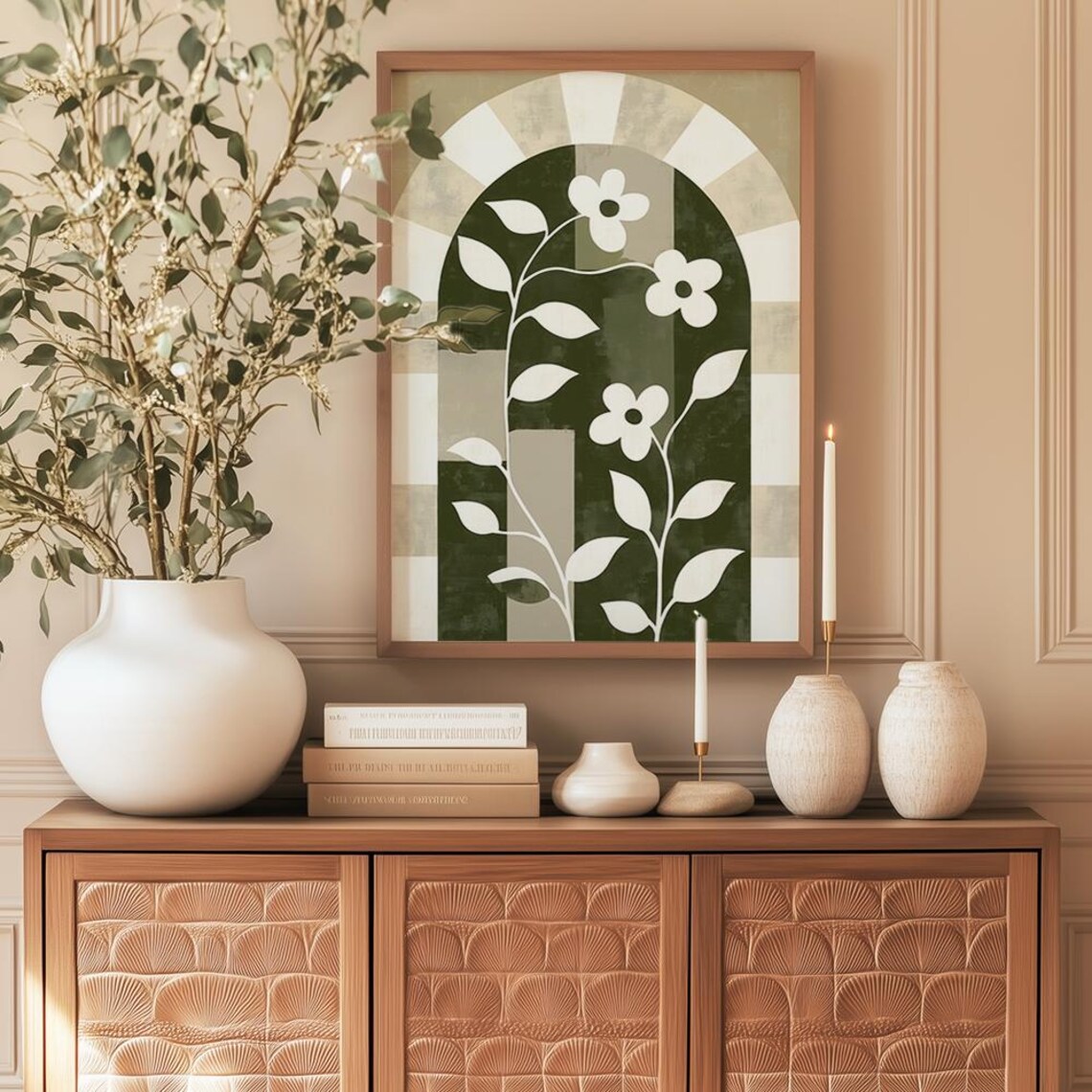 Earthy Green Arch with White Flowers Boho Botanical Art Poster - Image 4