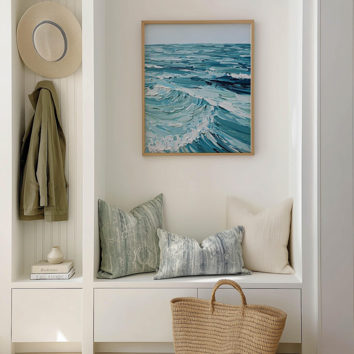 Turquoise Ocean Wave Impasto Oil Painting Coastal Seascape Wall Art