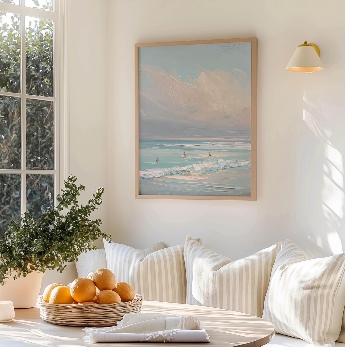 Ocean Surfers Art Print, Pastel Seascape