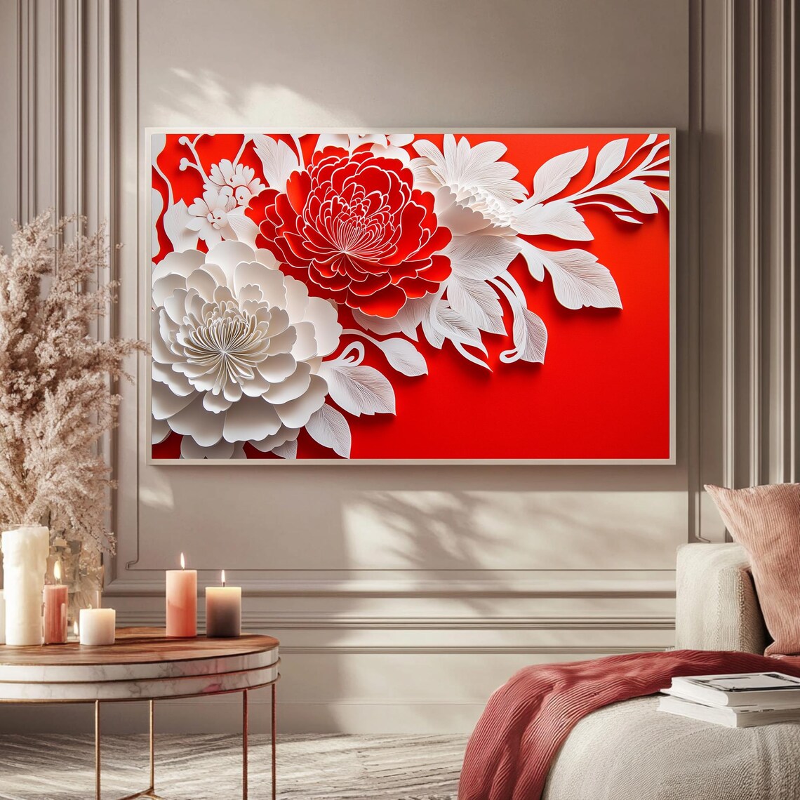 Red White Papercut Peonies Chinese Floral Art Frame TV Poster - Image 5