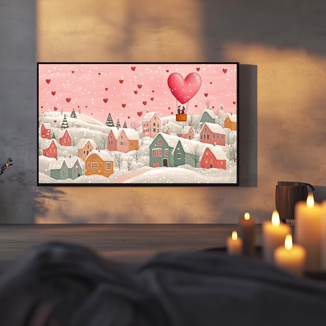 Couple In Heart Hot Air Balloon Over Snowy Village Romantic Poster - Image 3