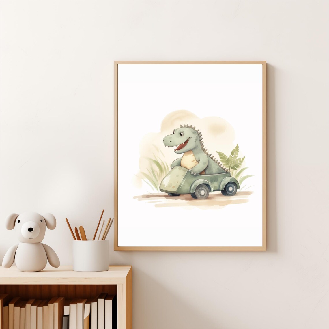 Baby Dinosaur Driving Green Toy Car Watercolor Nursery Wall Art - Image 3