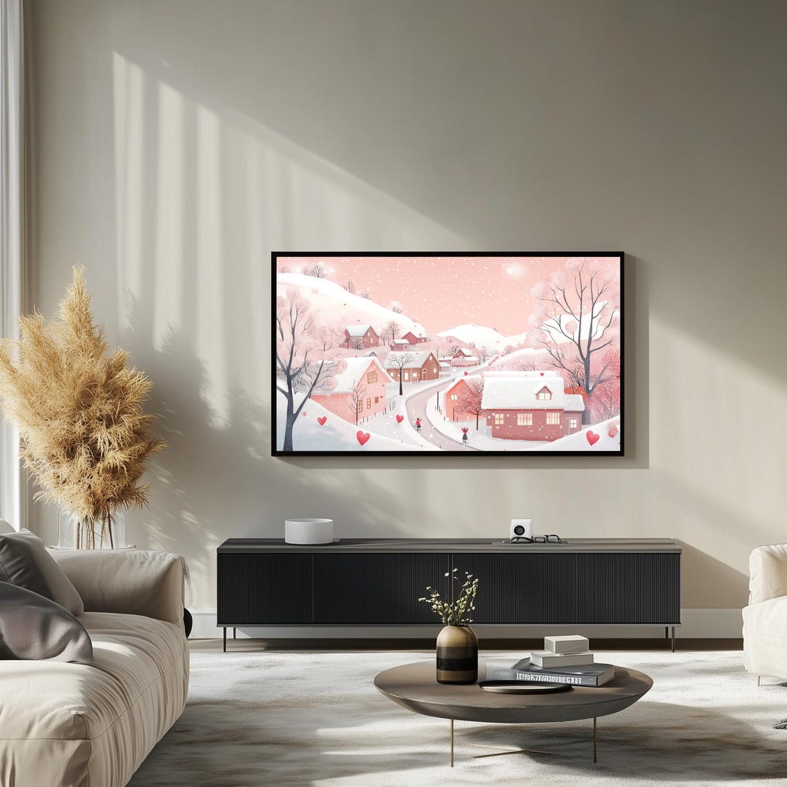 Snowy Pink Village With Winding Road Floating Hearts Wall Art - Image 3