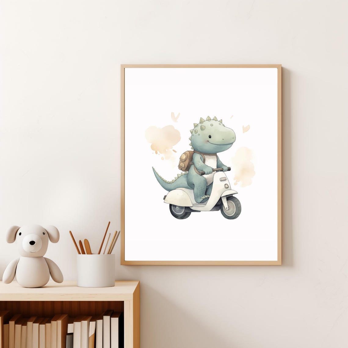 Baby Dinosaur Riding White Scooter With Backpack Nursery Wall Art - Image 3