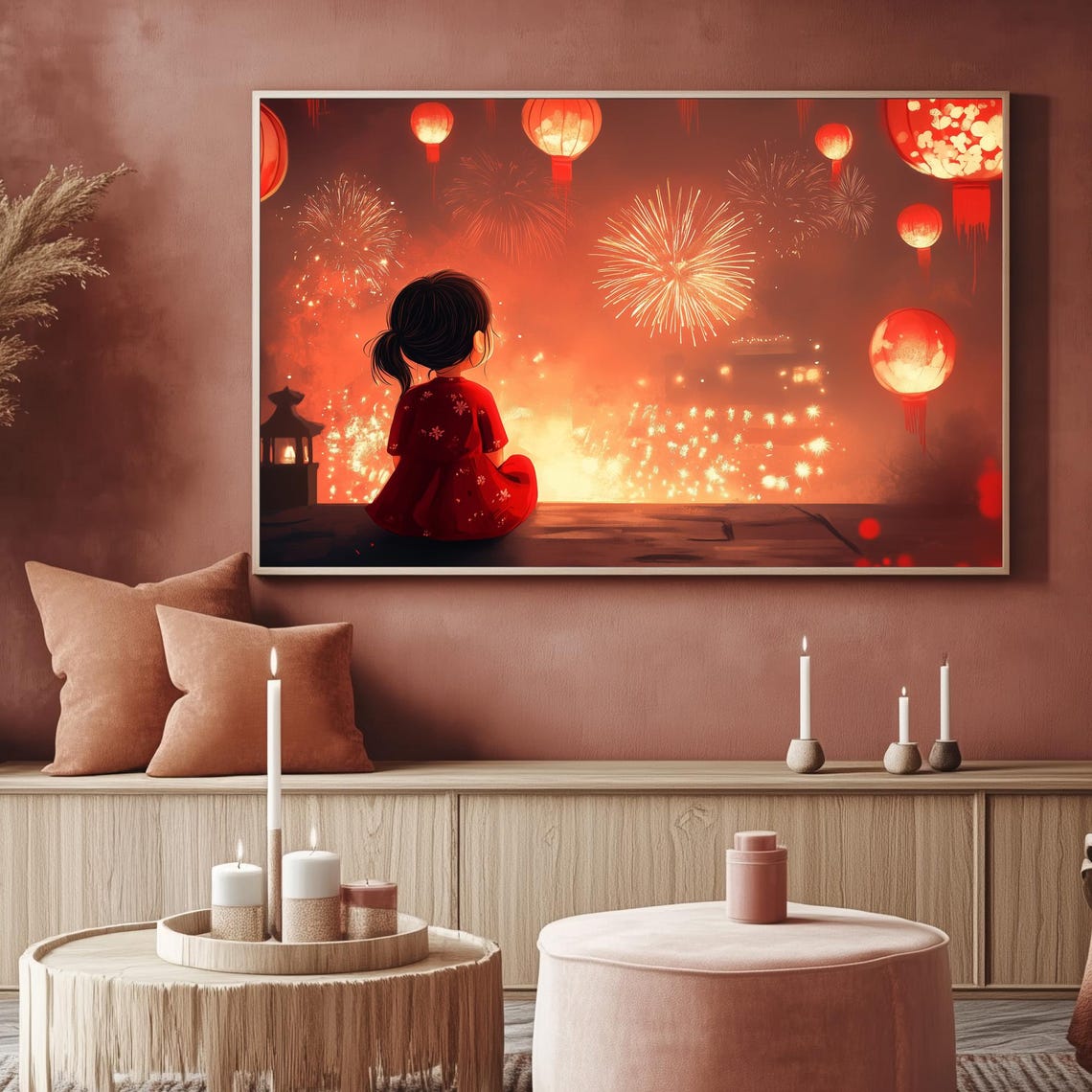 Girl Watching Fireworks Lanterns Lunar New Year Art Frame TV Poster - Image 2