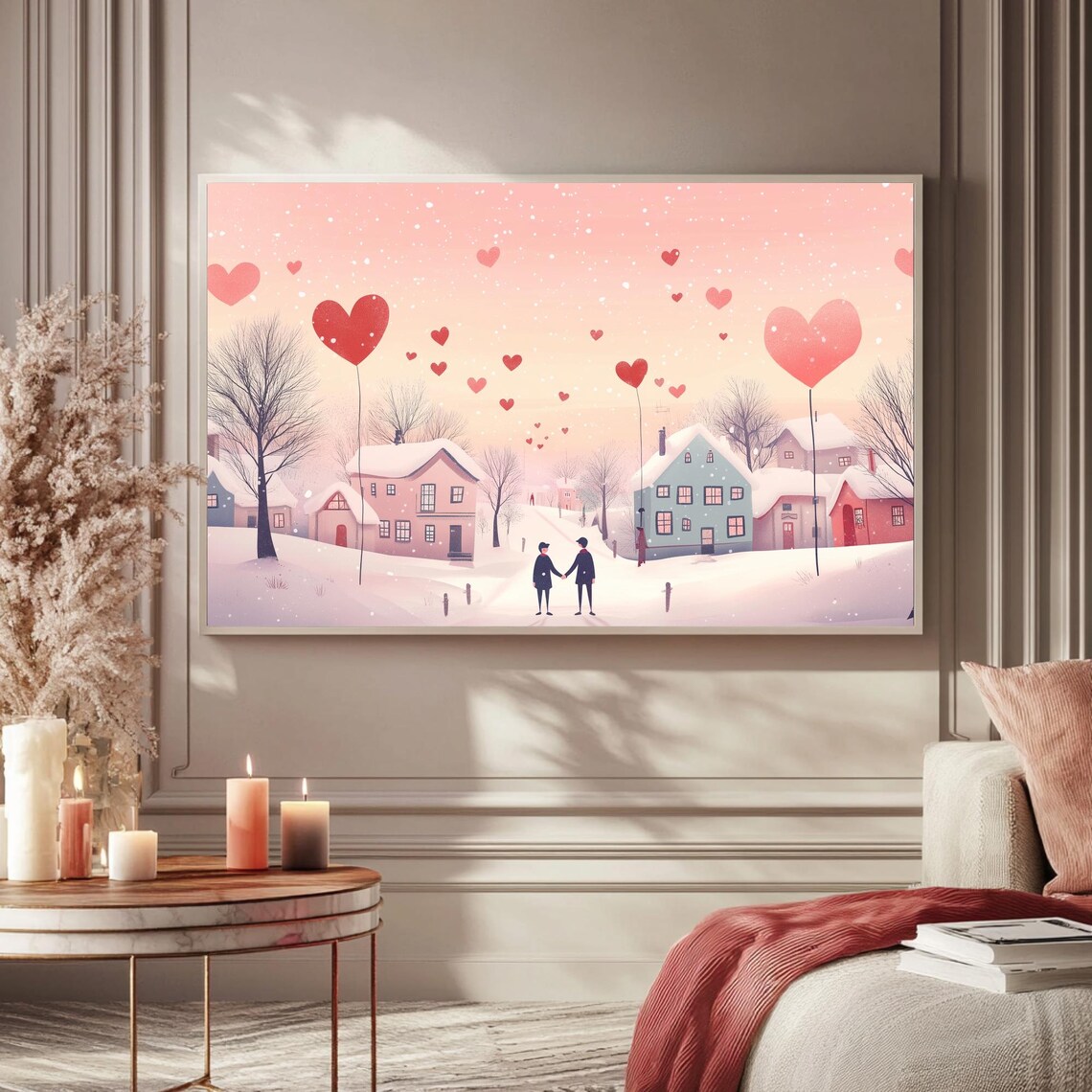 Gay Couple Holding Hands In Snowy Village Heart Balloons Wall Art - Image 5
