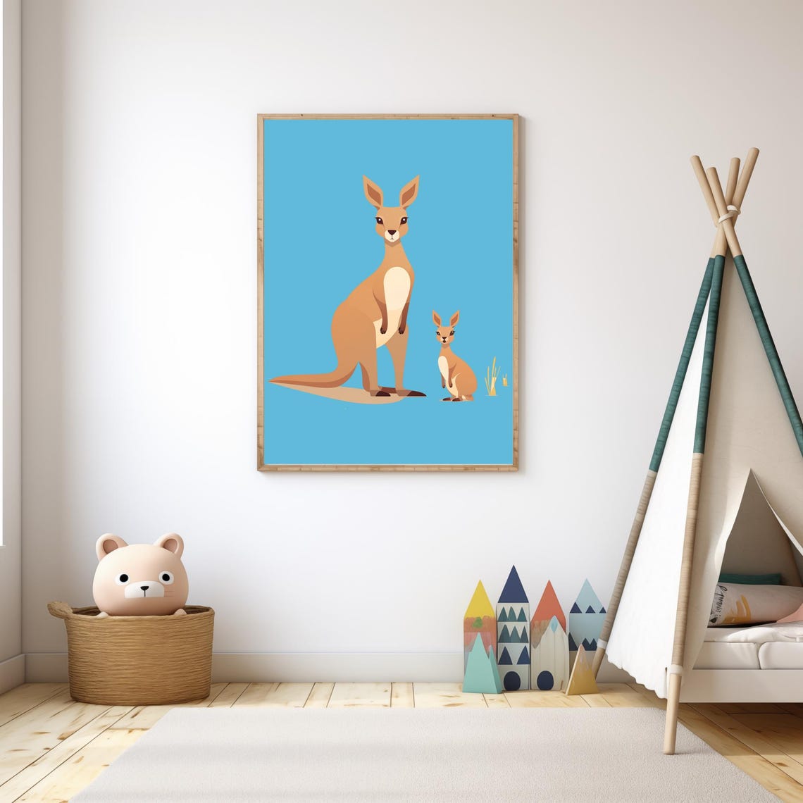 Mommy And Baby Kangaroo With Joey Light Blue Nursery Wall Art - Image 3