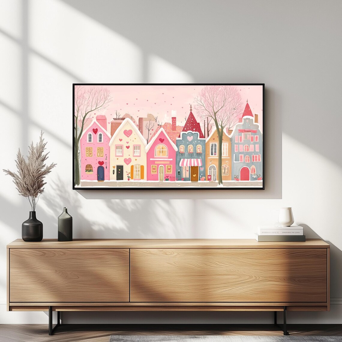 Pink Valentines Village Snowy Street Heart Art Frame TV Poster - Image 5