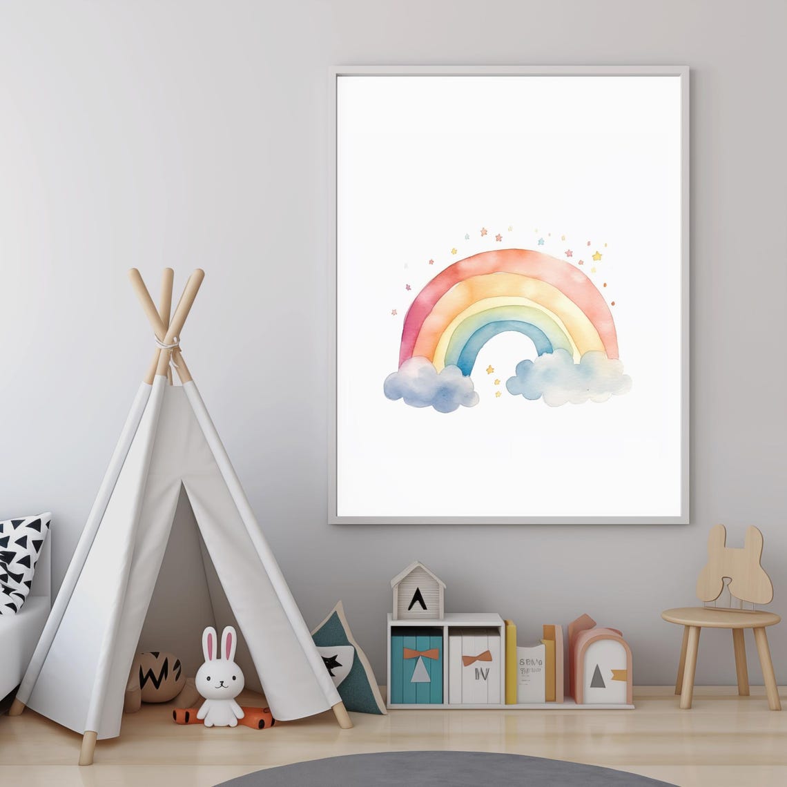 Watercolor Rainbow Clouds And Stars Pastel Nursery Wall Art Poster - Image 4