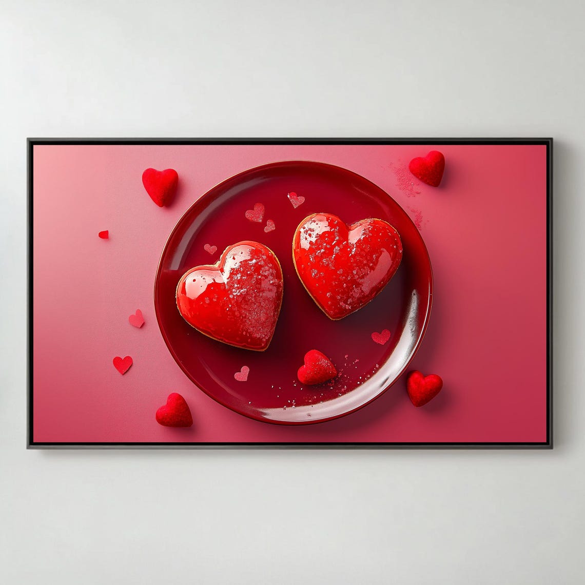 Red Heart Pastries Plate Valentines Day Dessert Art Frame TV Poster