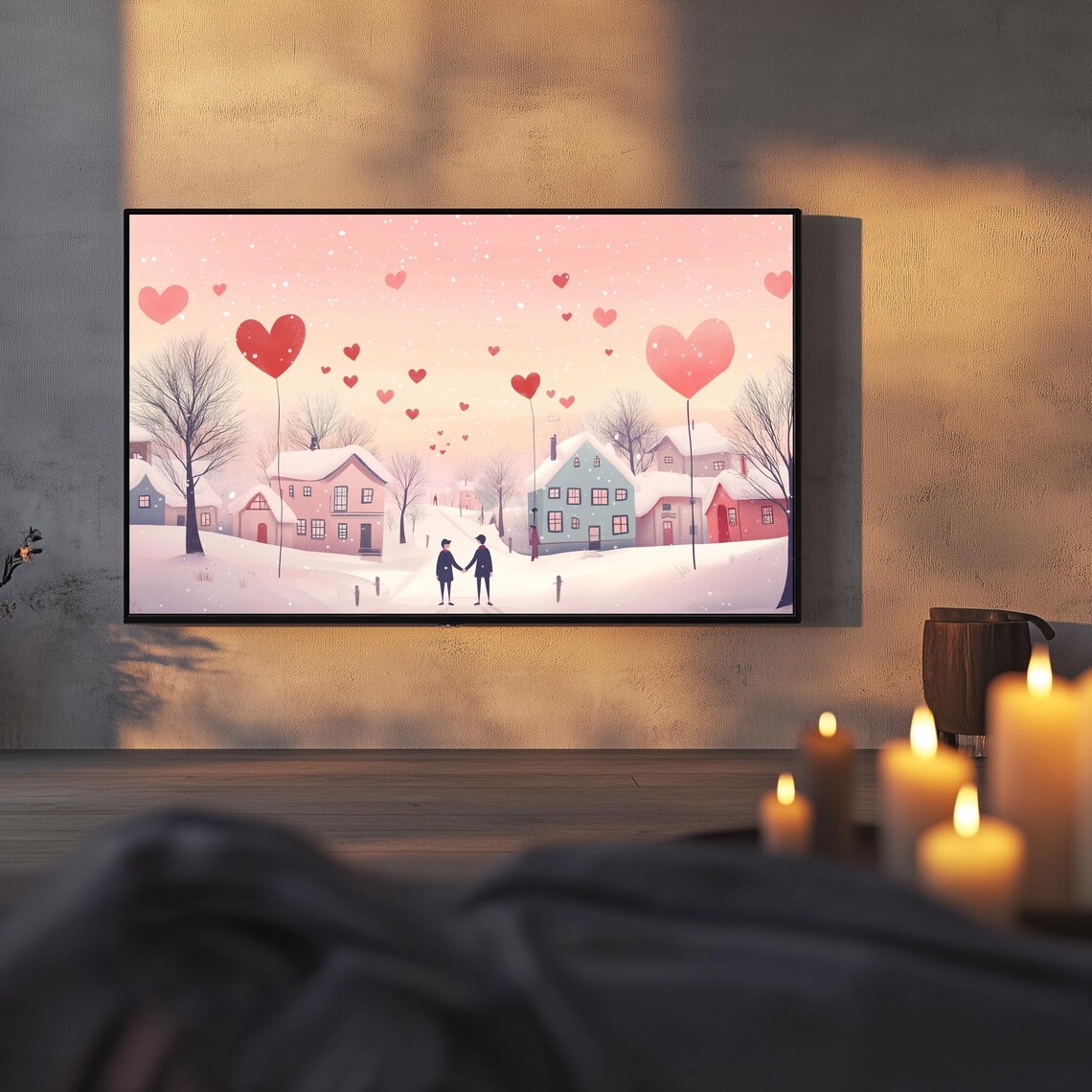 Gay Couple Holding Hands In Snowy Village Heart Balloons Wall Art - Image 3