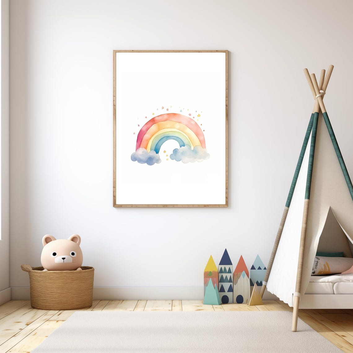 Watercolor Rainbow Clouds And Stars Pastel Nursery Wall Art Poster - Image 3