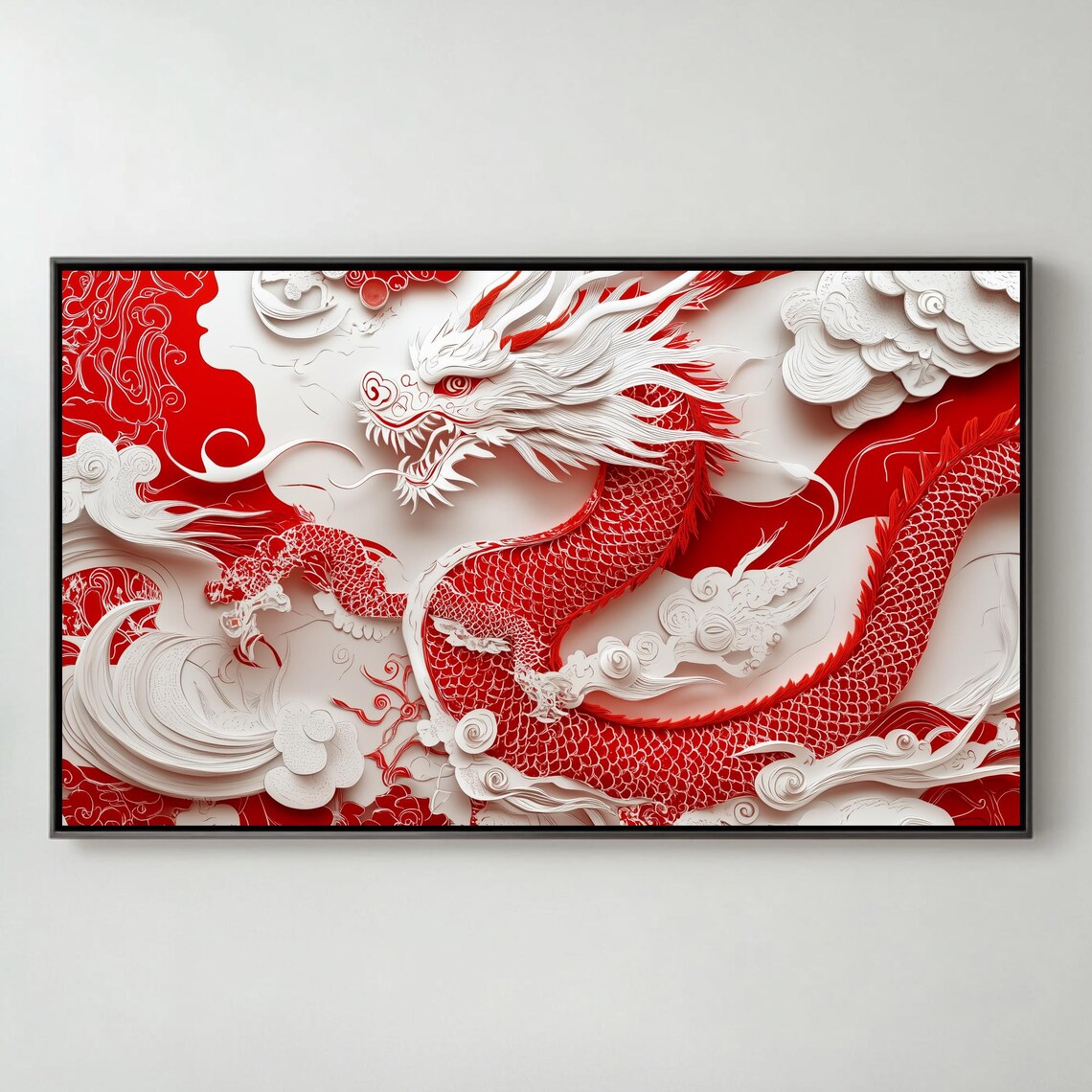 Red Papercut Dragon Clouds Chinese Zodiac Art Frame TV Poster