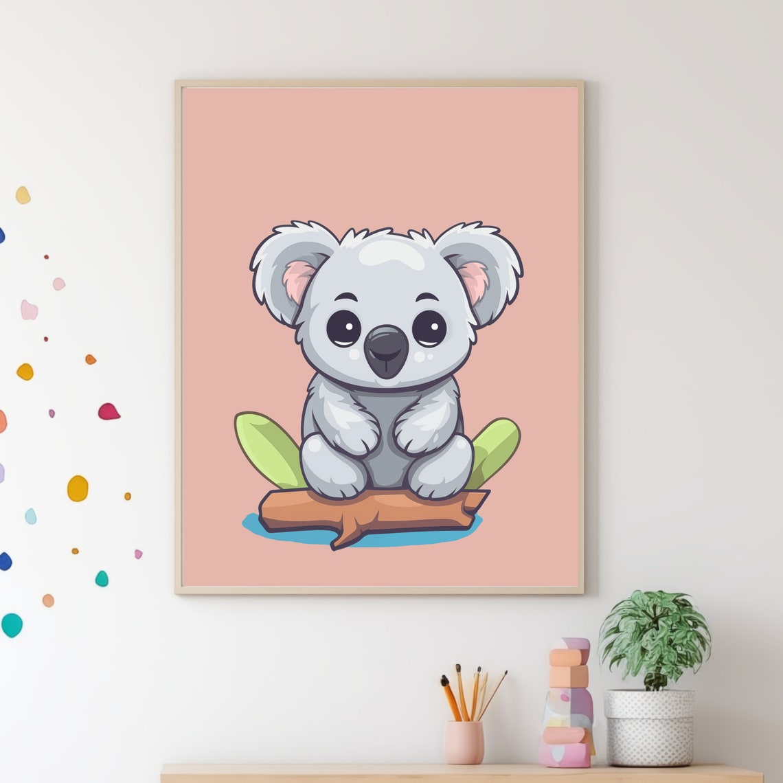 Cute Baby Koala Cartoon Pink Nursery Kids Room Decor Wall Poster