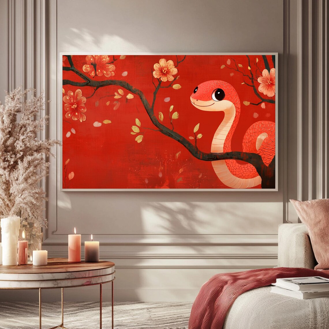 Cute Red Snake Blossom Branch Lunar New Year Art Frame TV Poster - Image 5