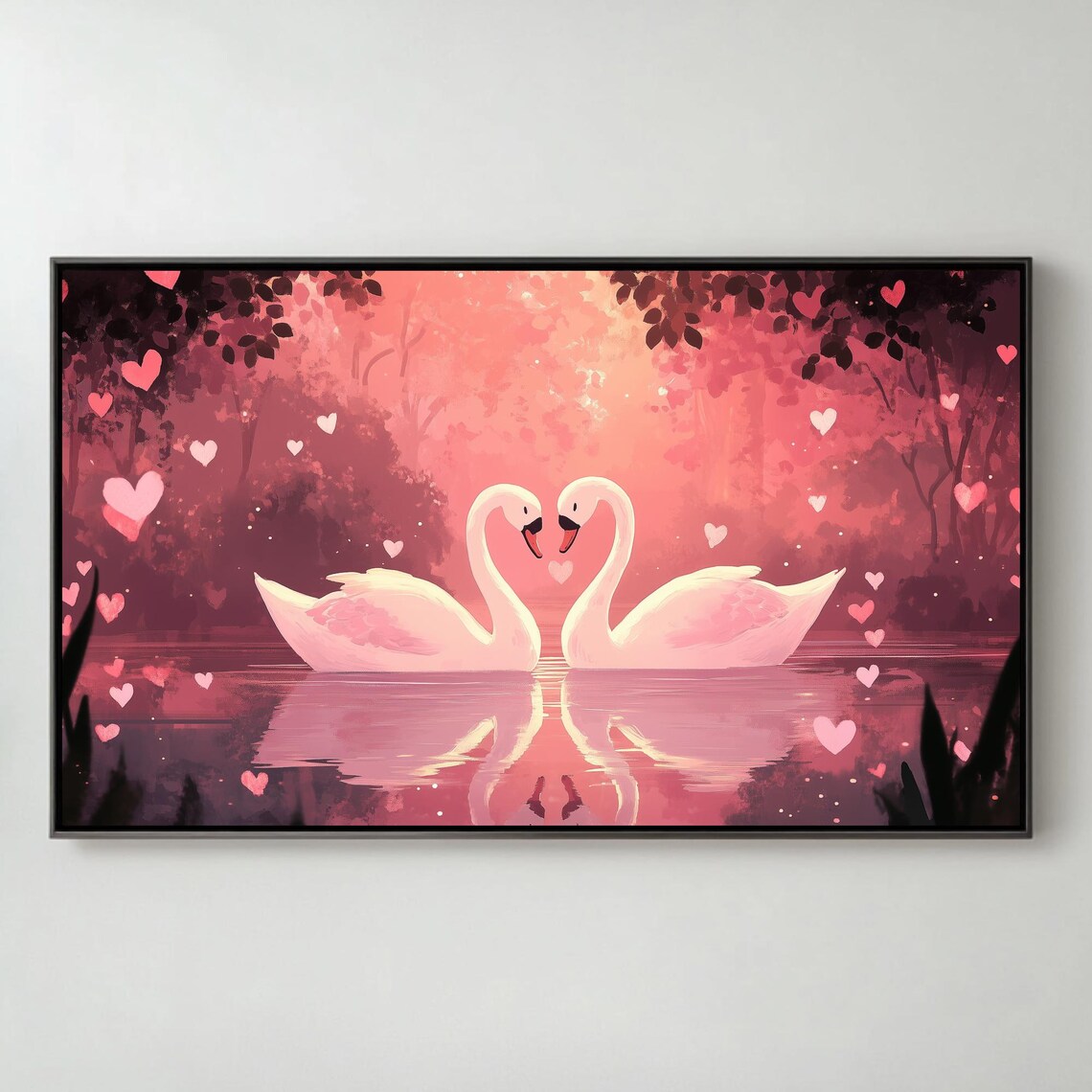 Swans Heart Necks Pink Lake Sunset Romantic Art Frame TV Poster