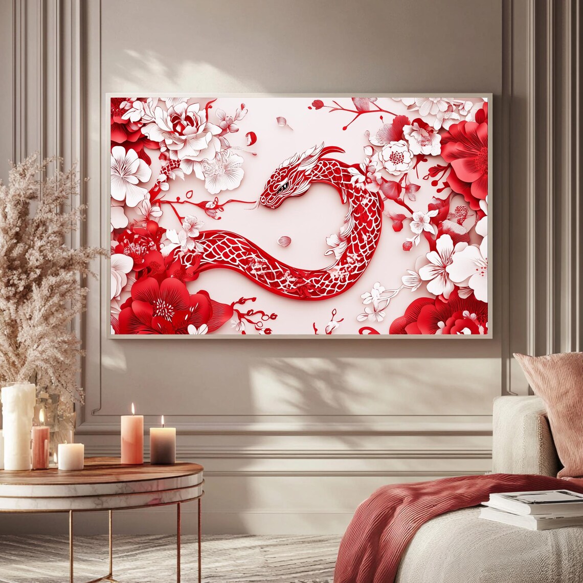 Red Papercut Snake Peonies Lunar New Year Art Frame TV Poster - Image 5