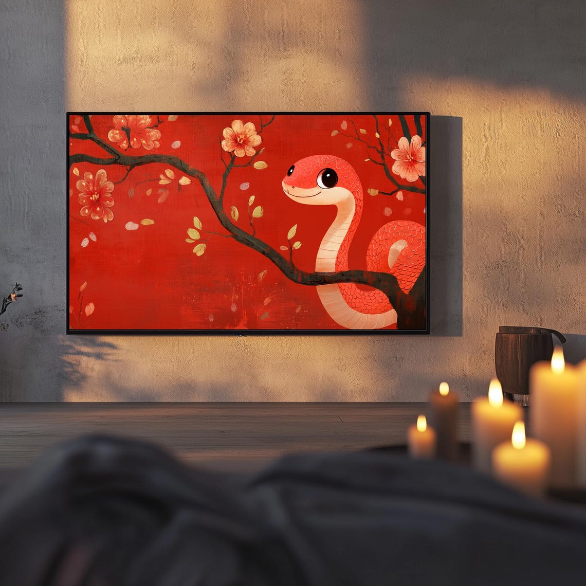 Cute Red Snake Blossom Branch Lunar New Year Art Frame TV Poster - Image 3