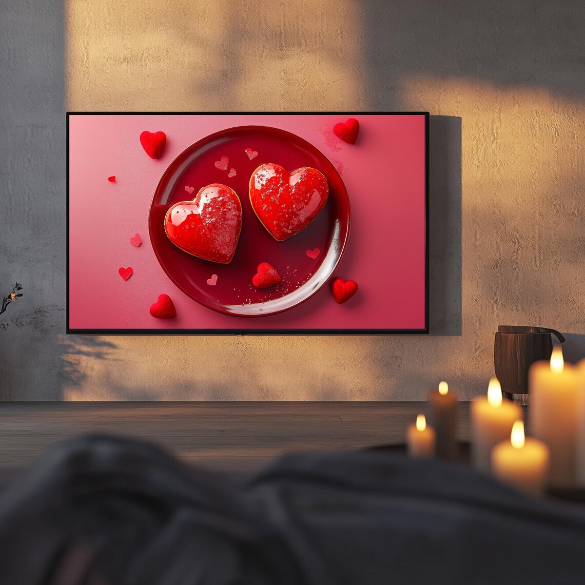 Red Heart Pastries Plate Valentines Day Dessert Art Frame TV Poster - Image 3