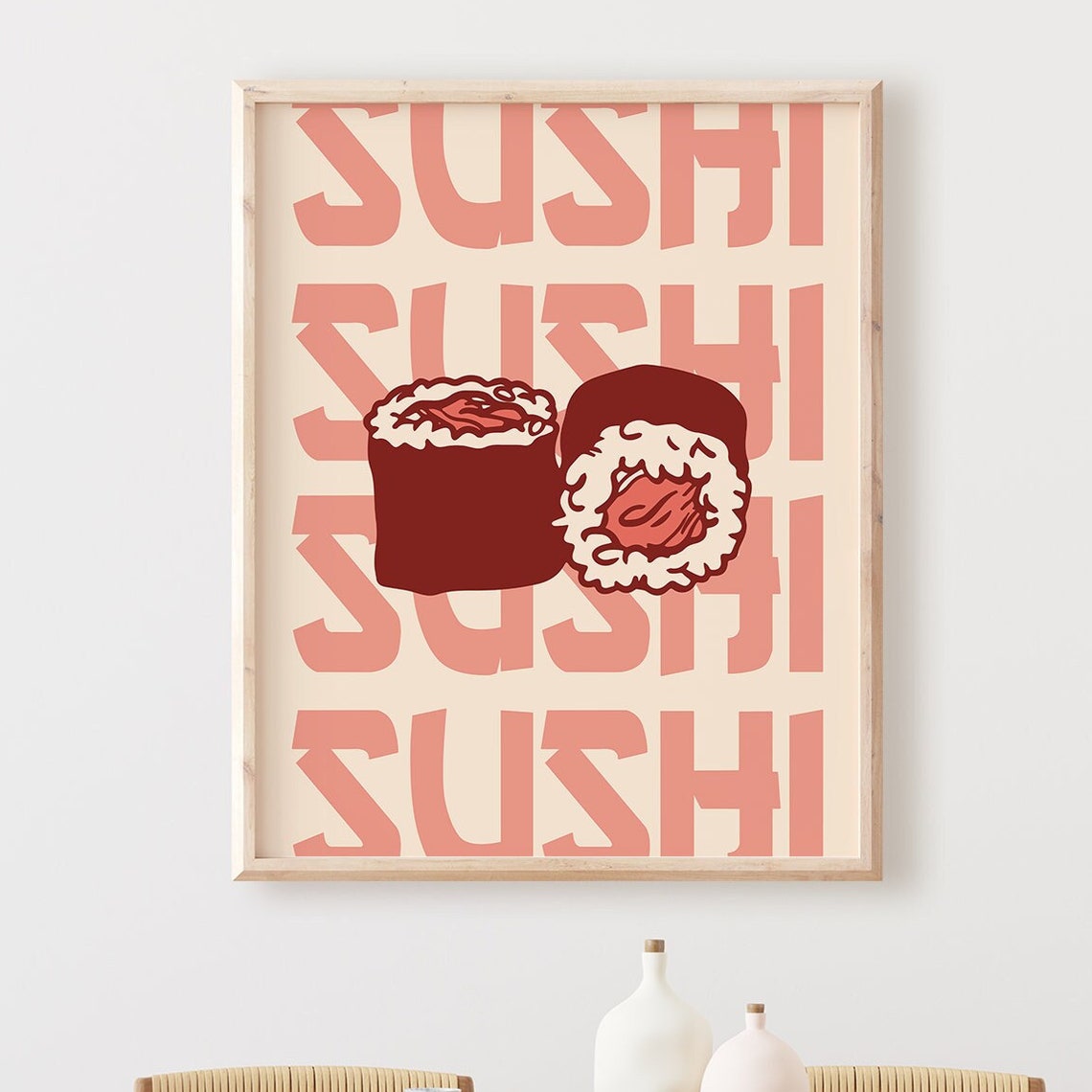 Tuna Maki Sushi Rolls Retro Pink Typography Minimal Kitchen Wall Art