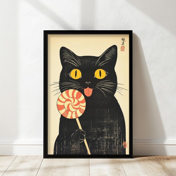 Vintage Cat Poster Funny Wall Art Kitchen Decor Black Retro Japanese Inspired Unique Lover Gift