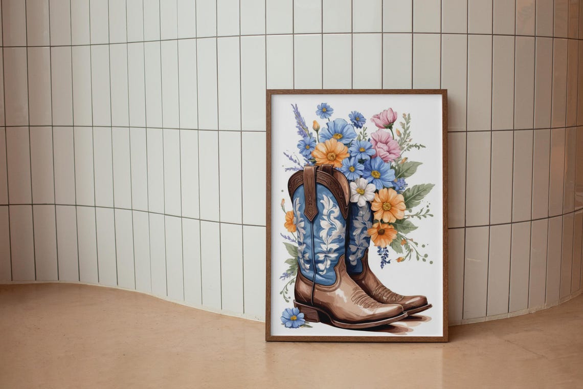 Cowgirl Boots Overflowing with Wildflowers Watercolor Poster