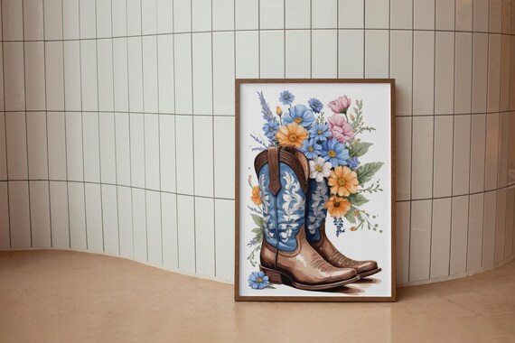 Cowgirl Boots Overflowing with Wildflowers Watercolor Poster