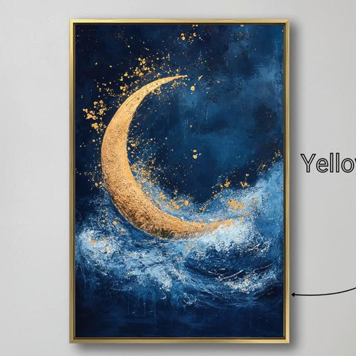 Dreamy Golden Crescent Moon Deep Blue Ocean Waves Night Art Print