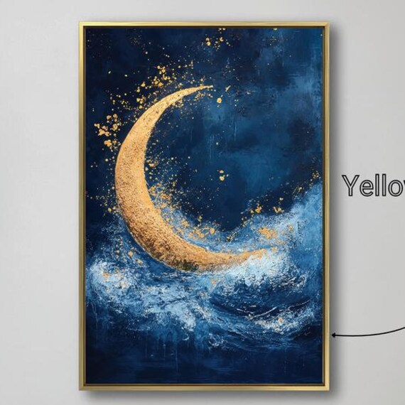 Dreamy Golden Crescent Moon Deep Blue Ocean Waves Night Art Print