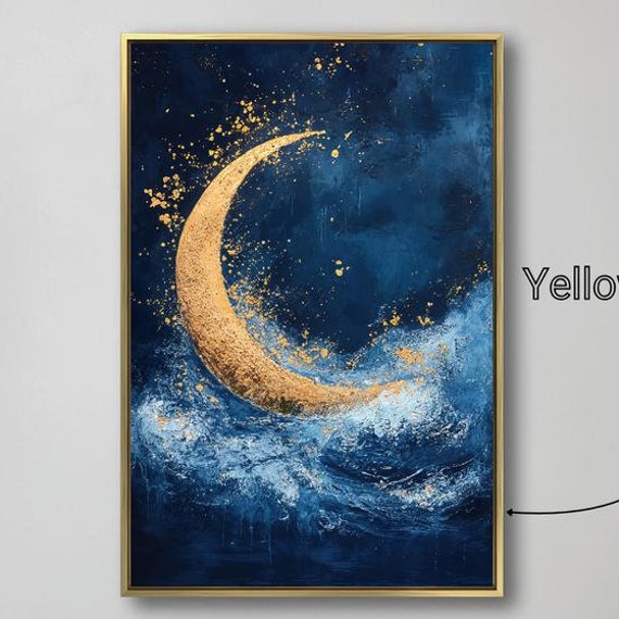 Mystical Crescent Moon Luxury Framed Print Ocean Waves Wall Art Nautical Painting Print Dreamy Celestial Decor Ready To Hang