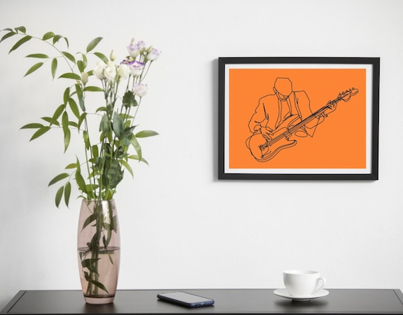 Guitarist Line Art Drawing on Bold Orange Background Poster Art