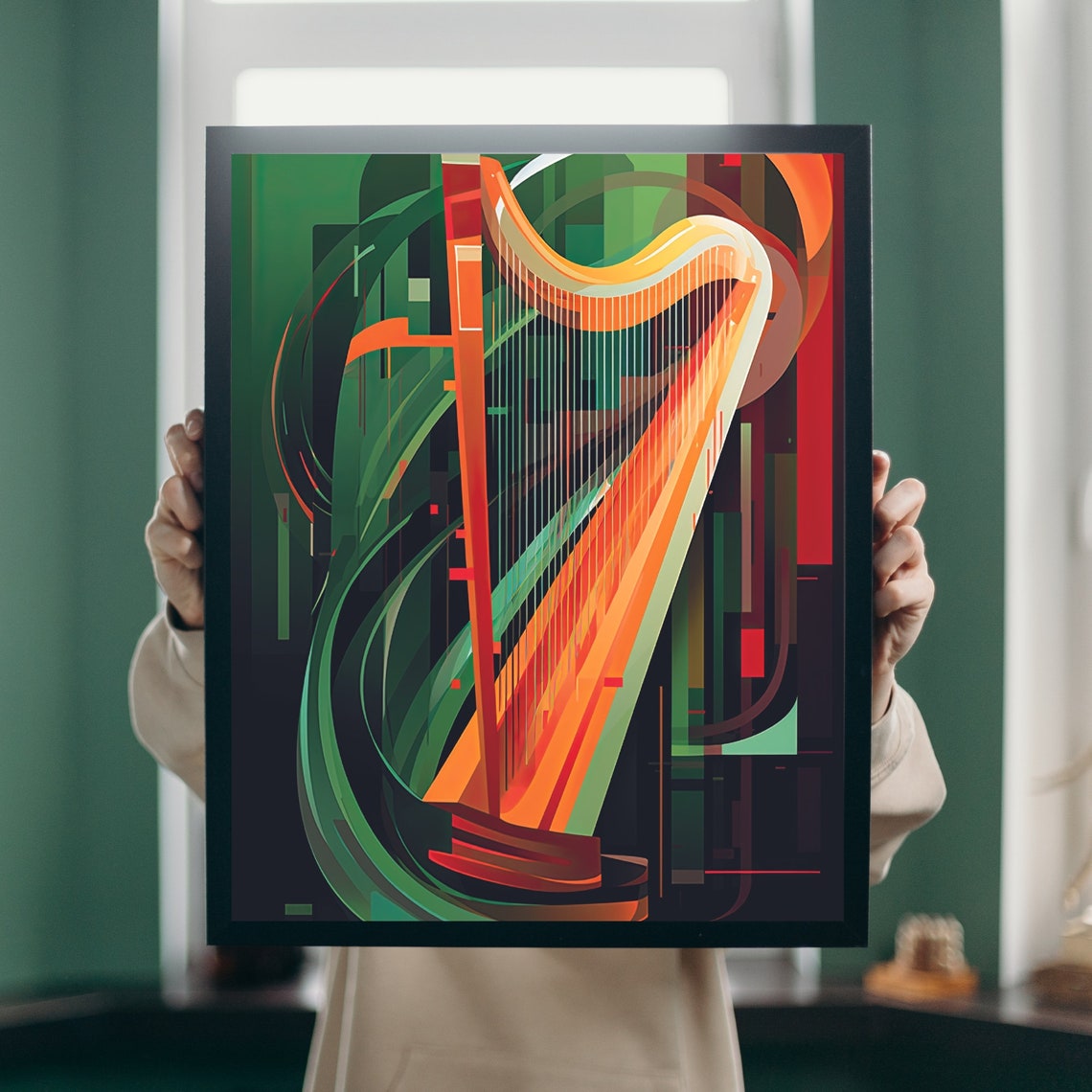Abstract Harp Poster Colorful Geometric String Instrument Music Decor