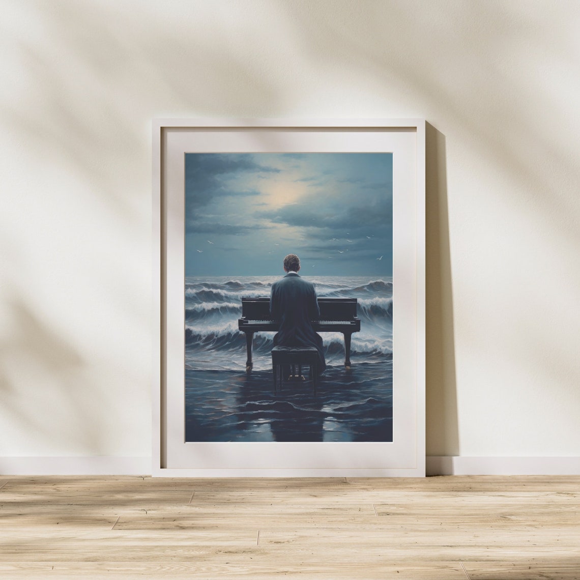 Man Playing Piano in the Sea Moonlit Ocean Waves Surreal Art Print