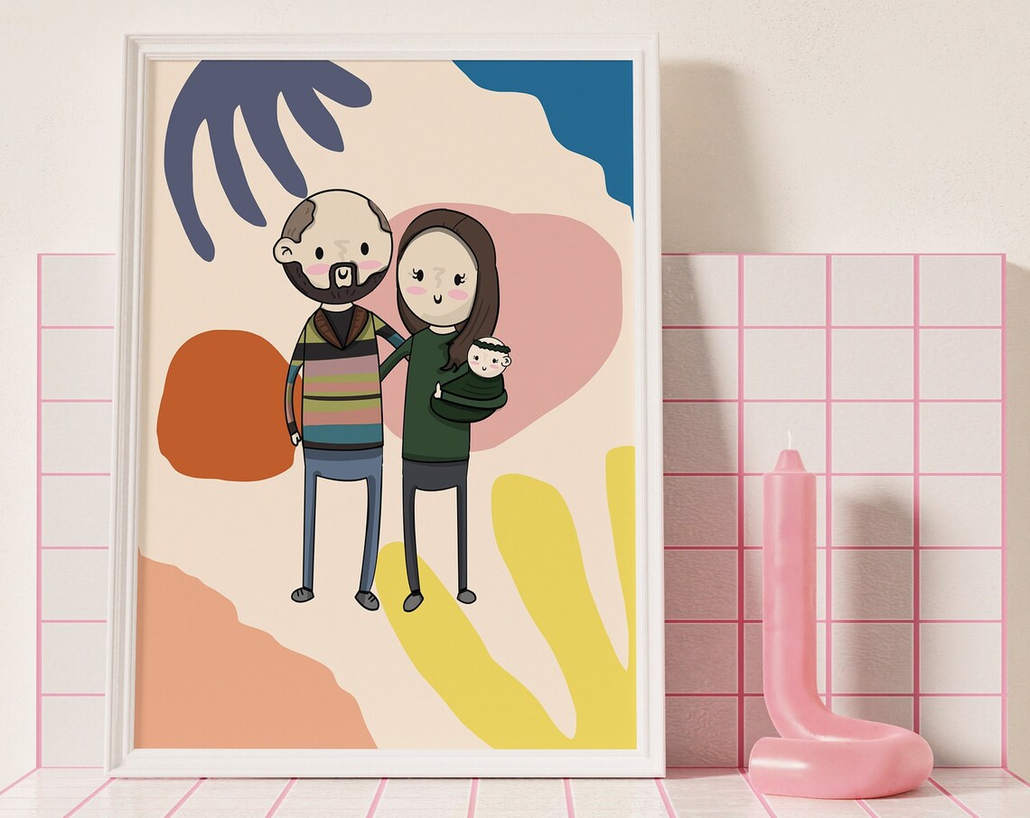 Custom Cartoon Newborn Family of Three Portrait Baby Gift Poster