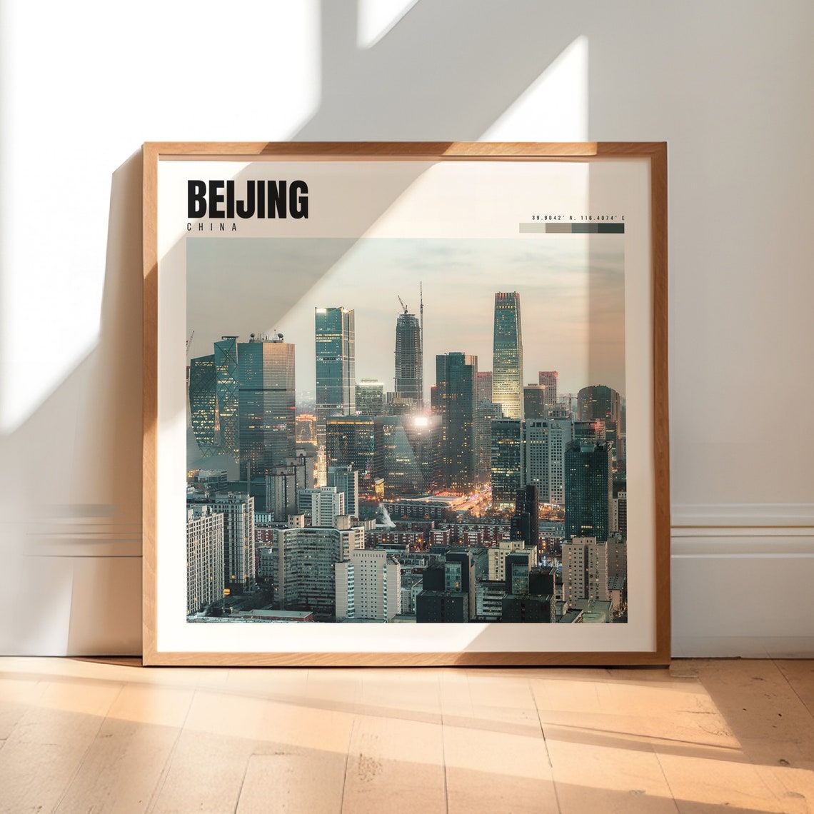 Beijing Poster with CBD Skyscrapers Glowing at Evening Twilight