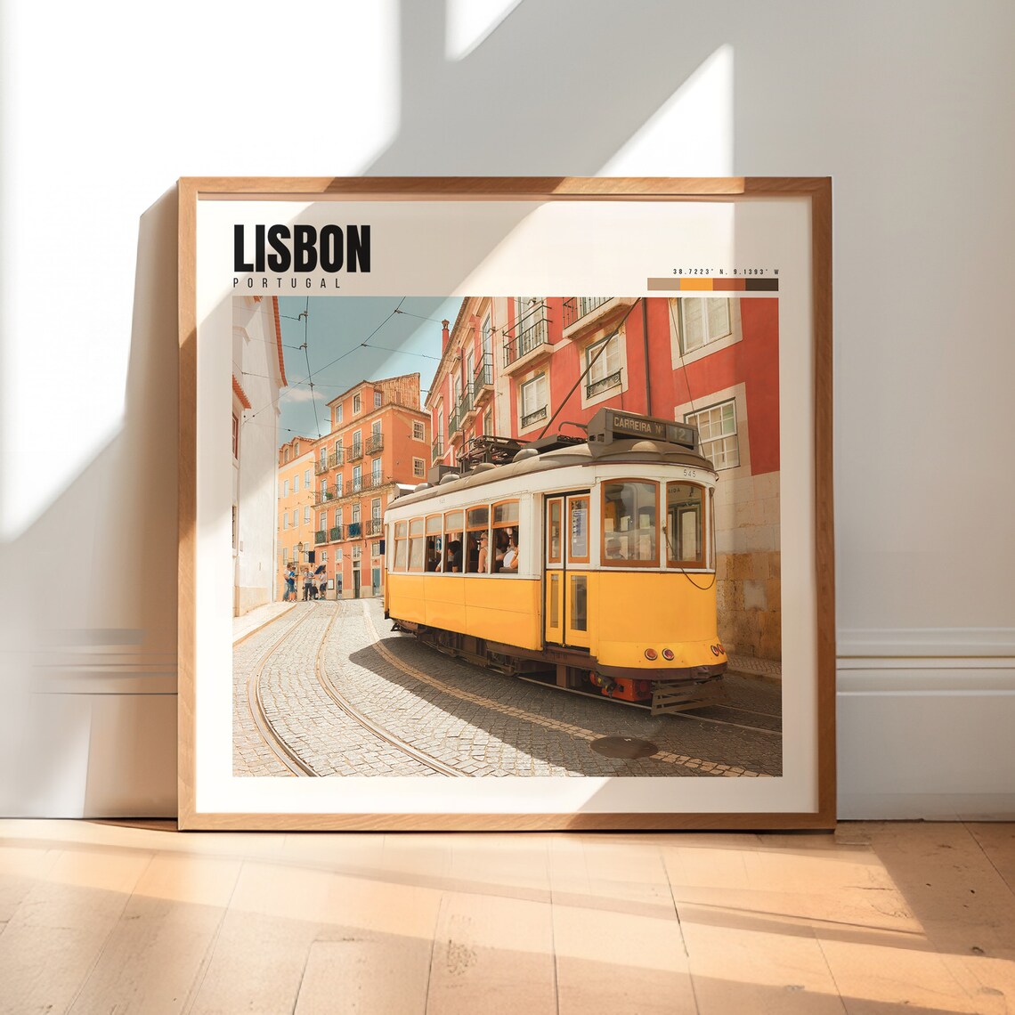 Lisbon Yellow Vintage Tram on a Cobblestone Corner Street Poster