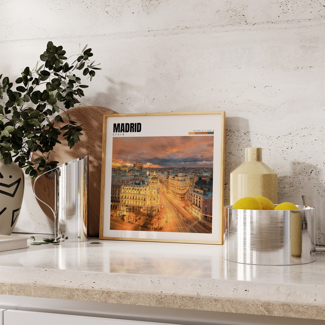 Madrid Poster with Gran Via Buildings Glowing at Dramatic Sunset - Image 4