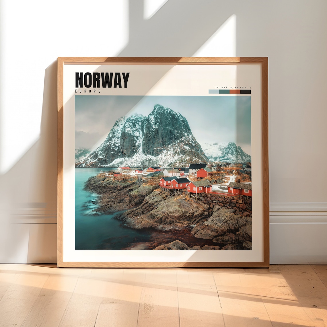 Norway Lofoten Red Fishing Cabins Beneath Snowy Peaks Poster