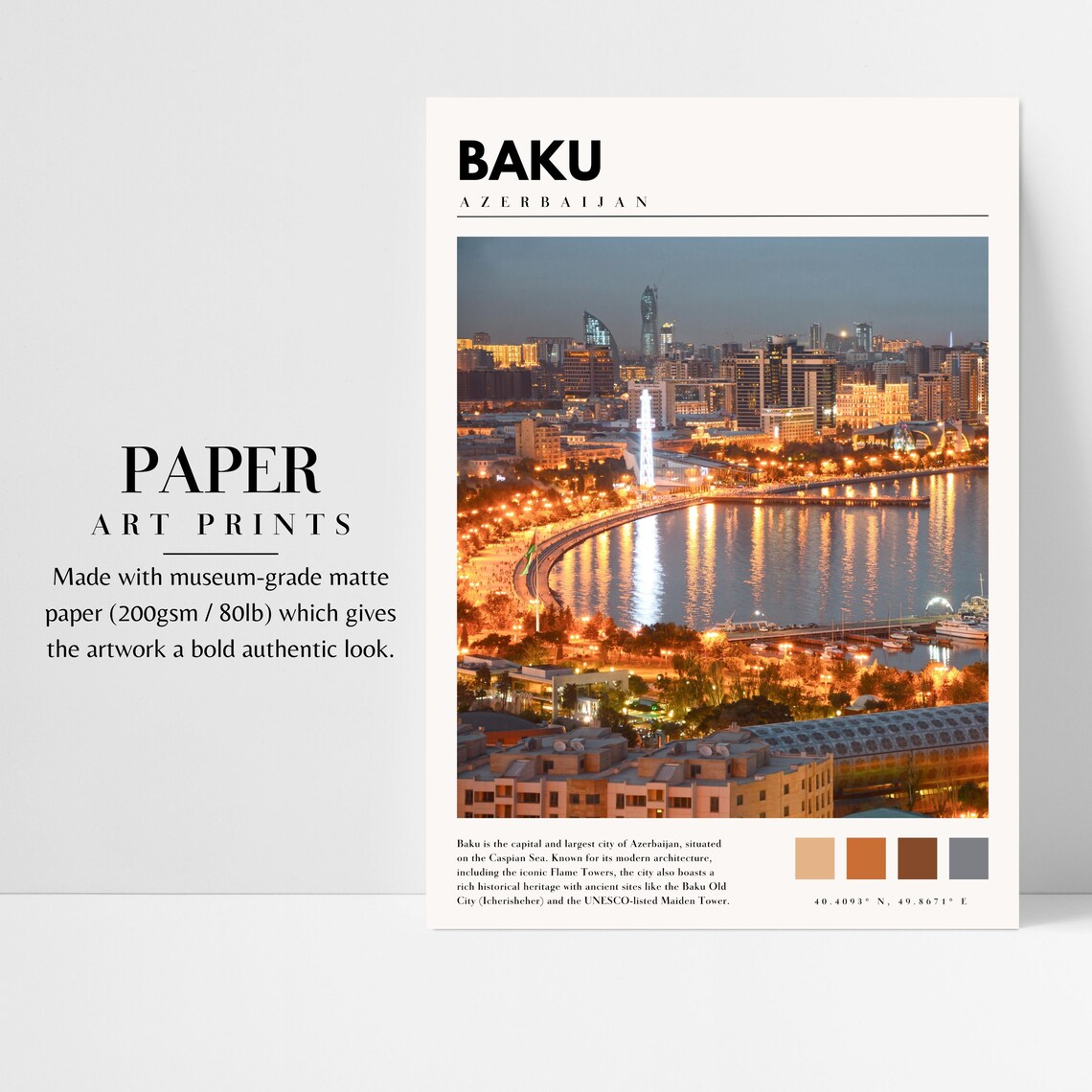 Baku Azerbaijan Caspian Sea Waterfront Night Lights Cityscape Poster - Image 3