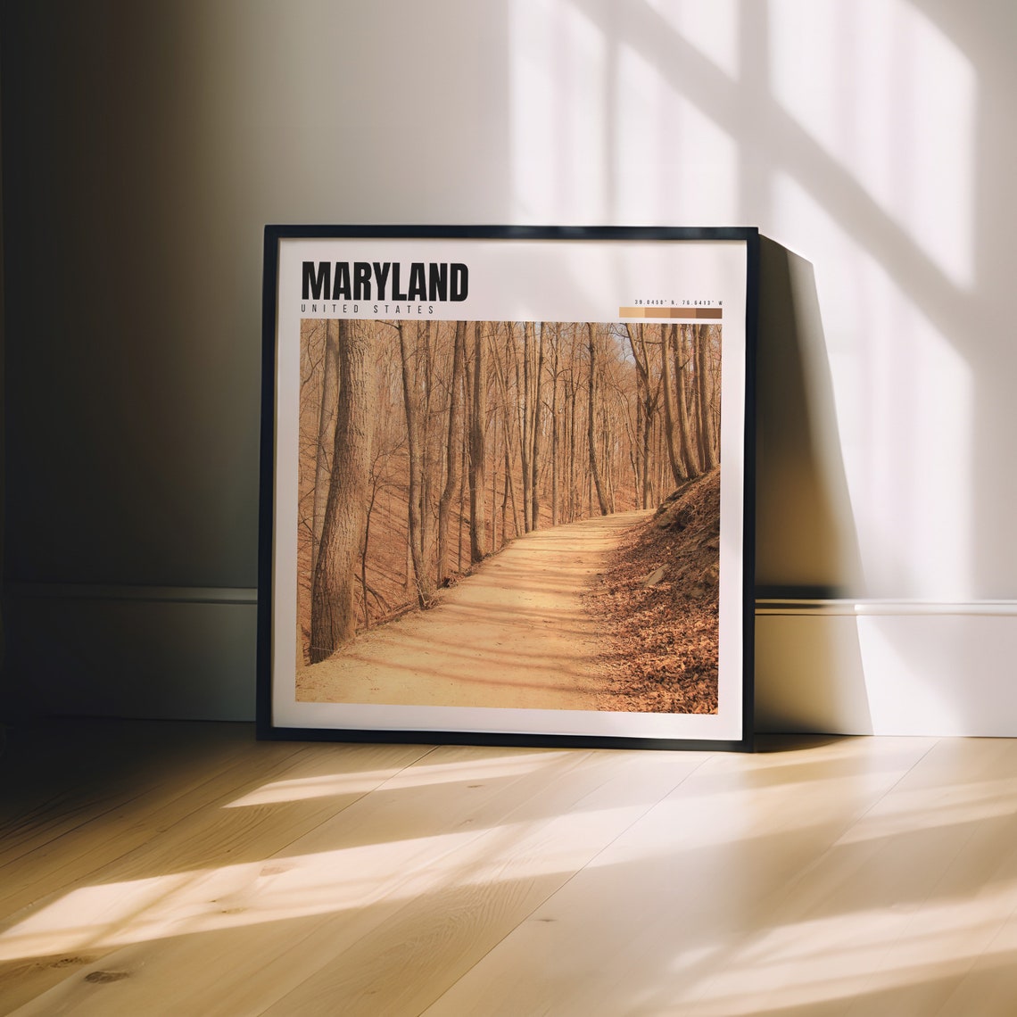 Maryland Poster with Sunlit Forest Trail in Autumn Woodland Path - Image 3
