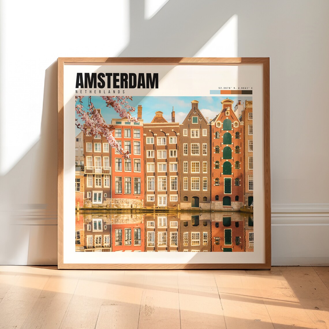 Amsterdam Canal Houses Blossom Reflection Netherlands Travel Poster