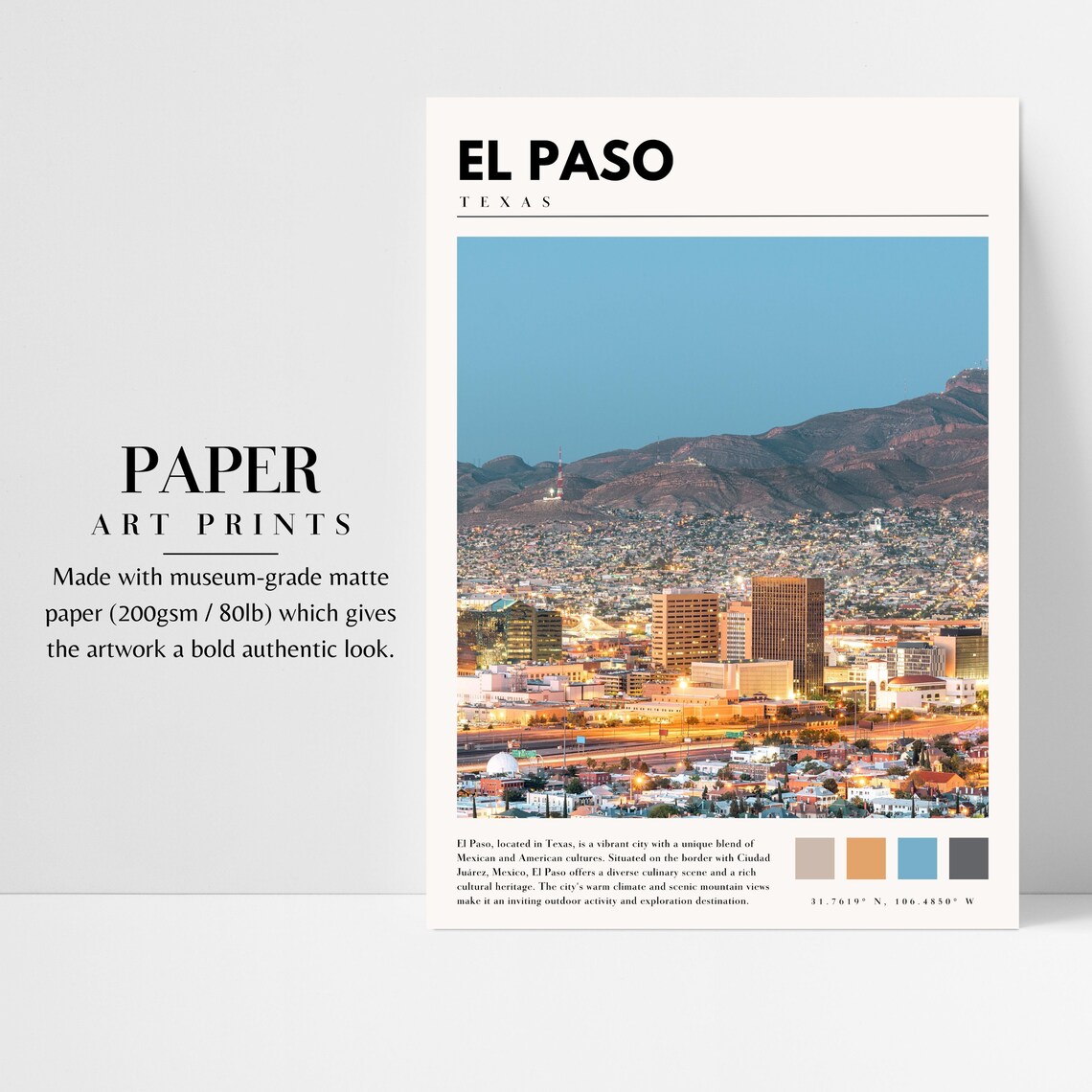 El Paso Texas City Lights Desert Mountain Night Skyline Travel Poster - Image 3