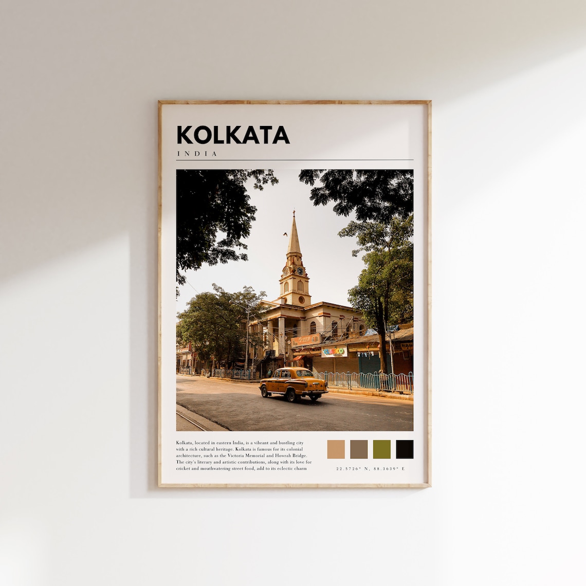 Kolkata India Yellow Taxi Colonial Street Church Spire Travel Poster