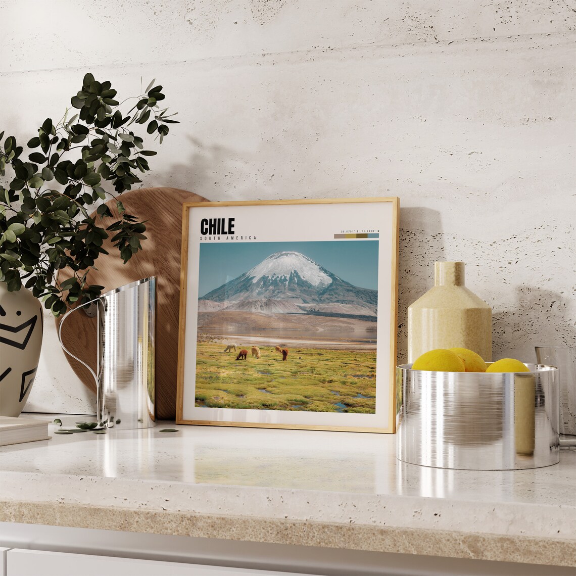 Chile Altiplano Snow Capped Volcano Vicunas Grazing Travel Poster - Image 4