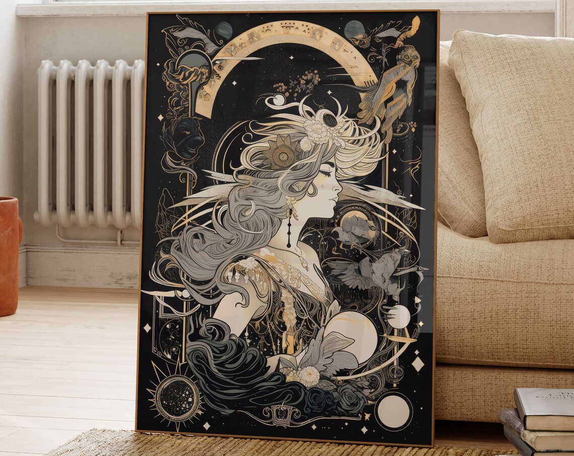 Celestial Art Nouveau Poster, Dark Academia Decor
